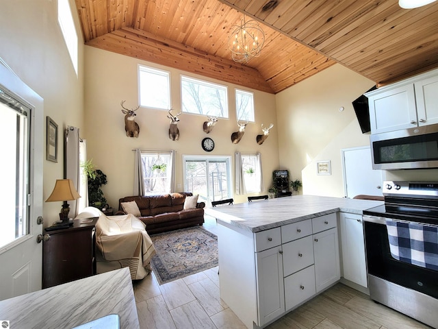 734 N Rolland Rd, Lake Isabella, MI 48893 - kitchen with stainless steel appliances, wooden ceiling, a chandelier, light countertops, and open floor plan