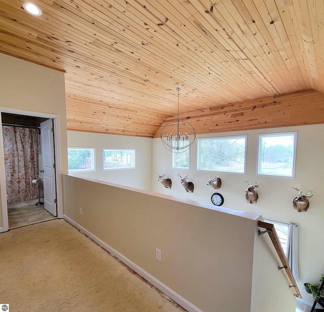734 N Rolland Rd, Lake Isabella, MI 48893 - unfurnished dining area with wooden ceiling, vaulted ceiling, a chandelier, and recessed lighting