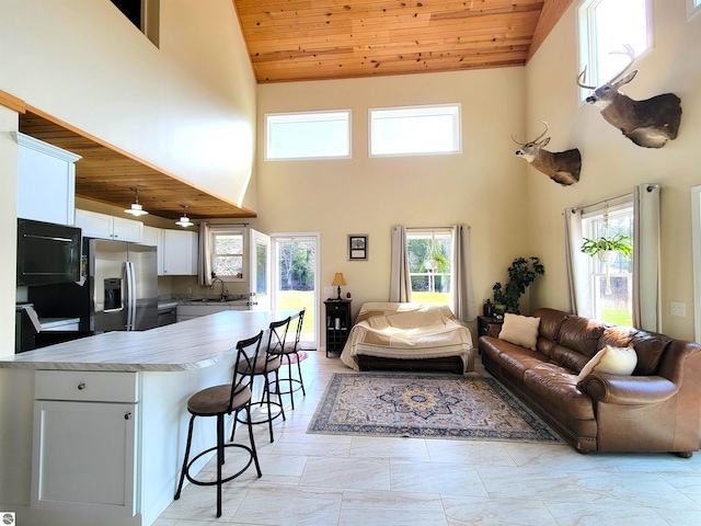 734 N Rolland Rd, Lake Isabella, MI 48893 - living area with wood ceiling and high vaulted ceiling