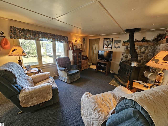 living area with carpet floors and a wood stove