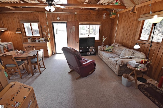 8991 W Oak Ln, Lake City, MI 49651 - living area with wooden walls, light carpet, plenty of natural light, and a ceiling fan