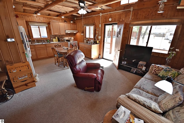 8991 W Oak Ln, Lake City, MI 49651 - living area with wooden walls, light colored carpet, beam ceiling, and a ceiling fan