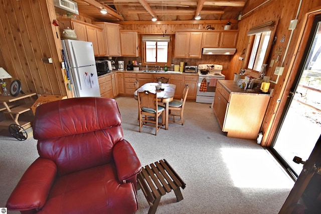 8991 W Oak Ln, Lake City, MI 49651 - kitchen featuring white appliances, wood walls, plenty of natural light, under cabinet range hood, and light colored carpet