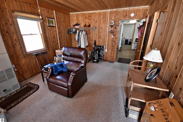 8991 W Oak Ln, Lake City, MI 49651 - living room with wooden walls, carpet, and wood ceiling