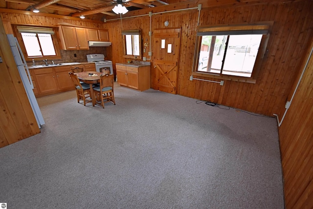 8991 W Oak Ln, Lake City, MI 49651 - kitchen with white electric stove, wooden walls, under cabinet range hood, light carpet, and ceiling fan