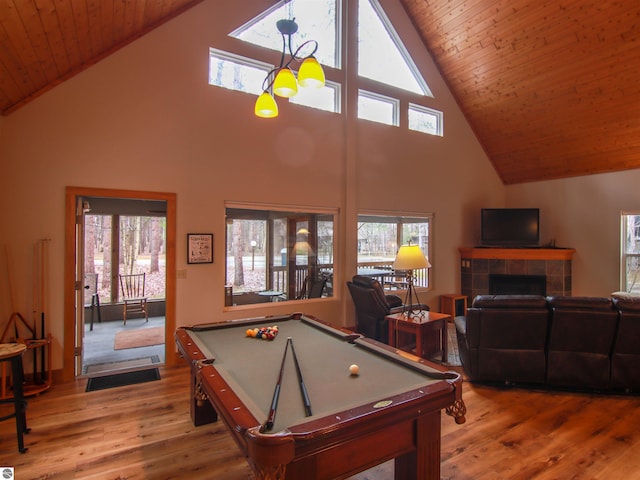 rec room with wood finished floors, high vaulted ceiling, billiards, and wooden ceiling