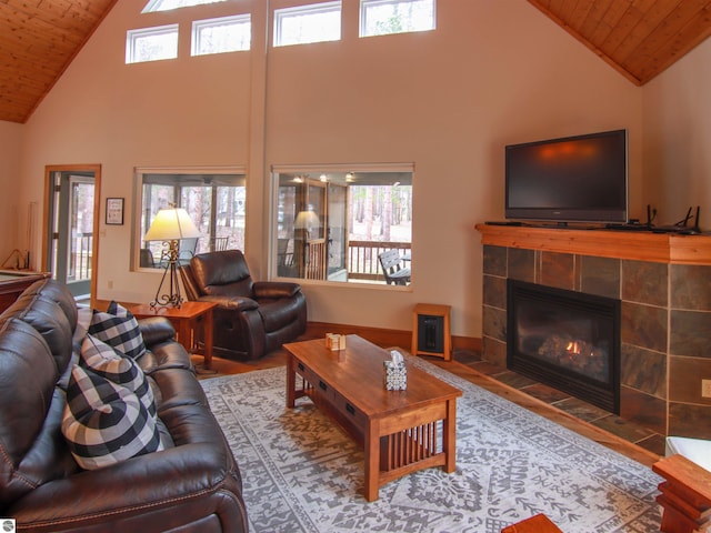living area featuring high vaulted ceiling, wood finished floors, wooden ceiling, and plenty of natural light