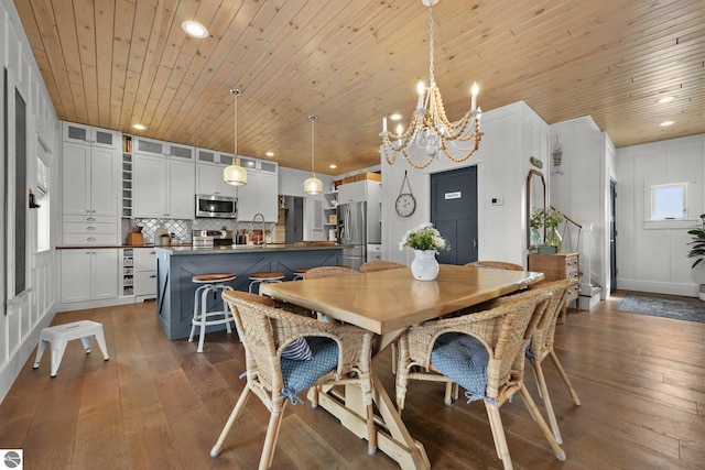 dining space featuring wood ceiling, recessed lighting, a notable chandelier, and dark wood finished floors