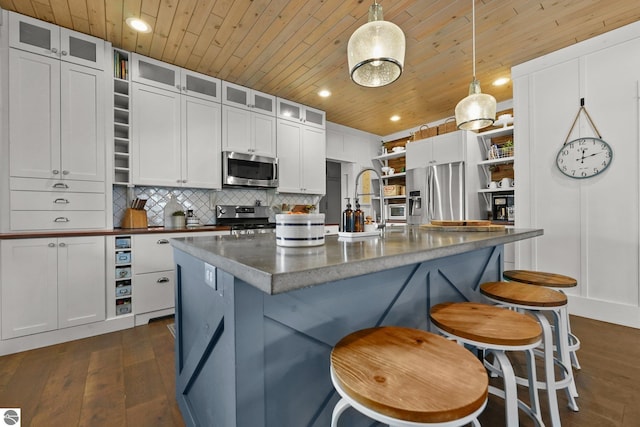 kitchen featuring open shelves, stainless steel appliances, wooden ceiling, and dark wood-style flooring