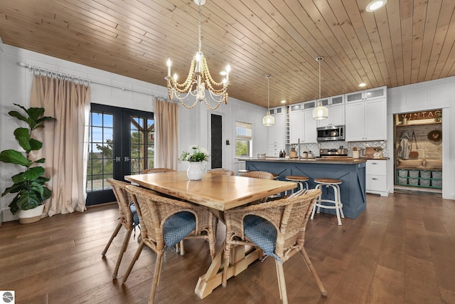 dining room featuring a chandelier, dark wood finished floors, a healthy amount of sunlight, and french doors