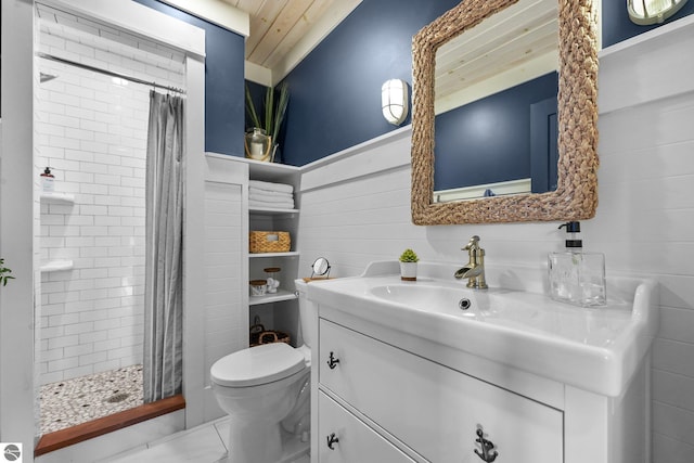 full bath with a shower stall, wooden ceiling, toilet, and vanity
