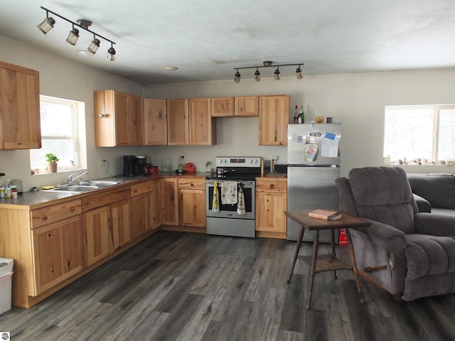 kitchen featuring dark wood-style floors, a sink, rail lighting, and appliances with stainless steel finishes