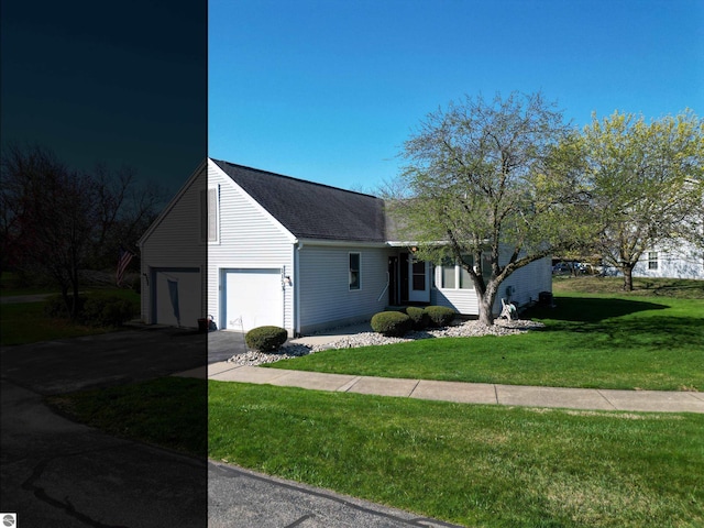 1173 Sunview, Saint Johns, MI 48879 - ranch-style home featuring an attached garage, roof with shingles, a front lawn, and aphalt driveway