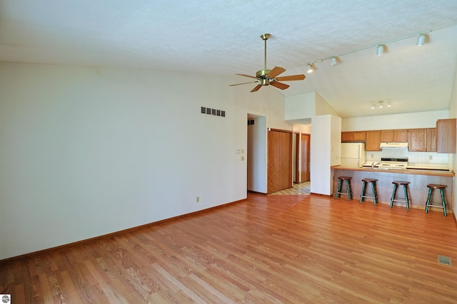 1173 Sunview, Saint Johns, MI 48879 - unfurnished living room featuring a ceiling fan, light wood-type flooring, track lighting, baseboards, and visible vents