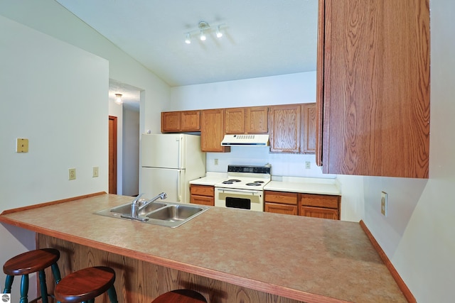 1173 Sunview, Saint Johns, MI 48879 - kitchen featuring range hood, a breakfast bar, a sink, white appliances, and a peninsula