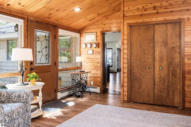 interior space featuring lofted ceiling, wood finished floors, wood walls, and a healthy amount of sunlight