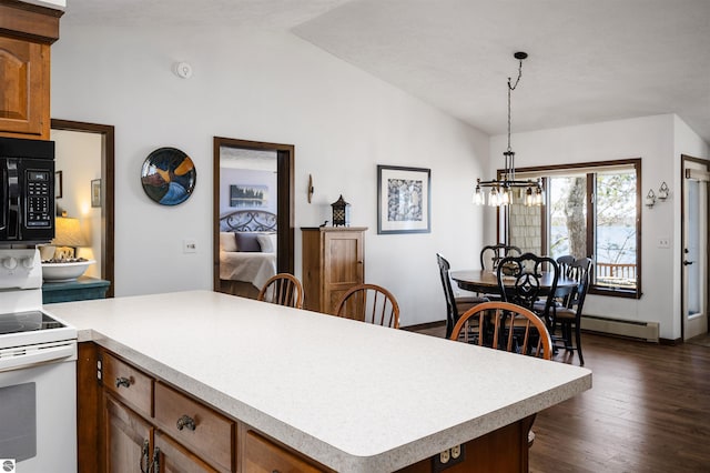 kitchen featuring light countertops, vaulted ceiling, black microwave, and white range with electric stovetop