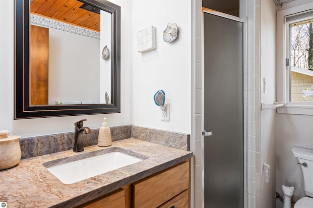 full bathroom featuring toilet, vanity, and a stall shower