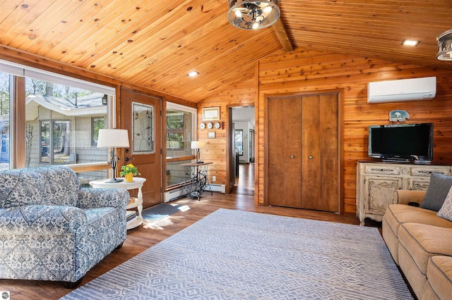 living area with wooden ceiling, wood walls, vaulted ceiling with beams, and a wall mounted AC