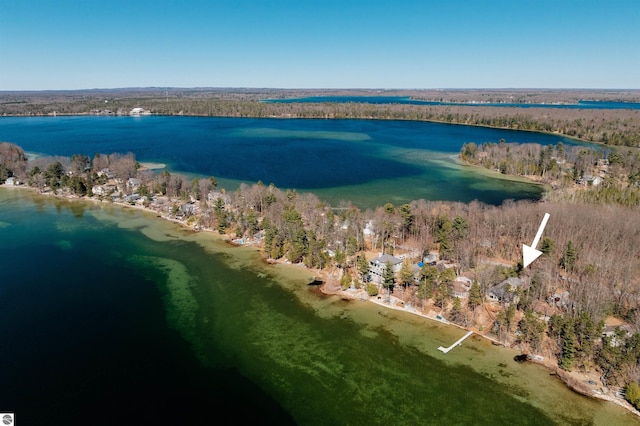 bird's eye view with a forest view and a water view