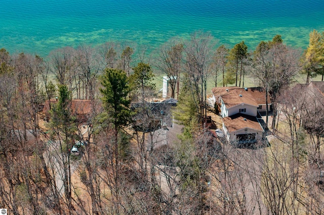 drone / aerial view featuring a water view