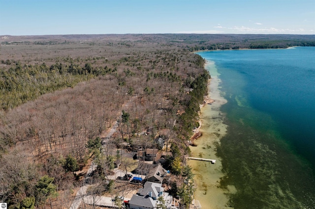 drone / aerial view featuring a view of trees and a water view