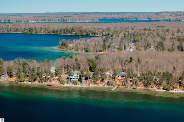 aerial view featuring a view of trees and a water view