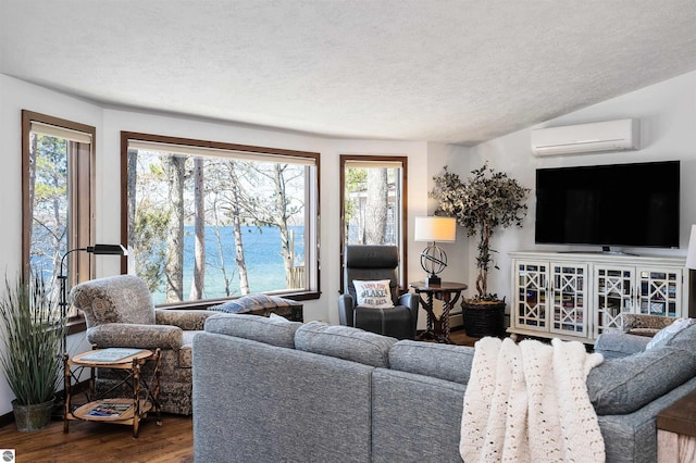 living area with an AC wall unit, a textured ceiling, and dark wood finished floors