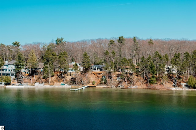property view of water featuring a wooded view
