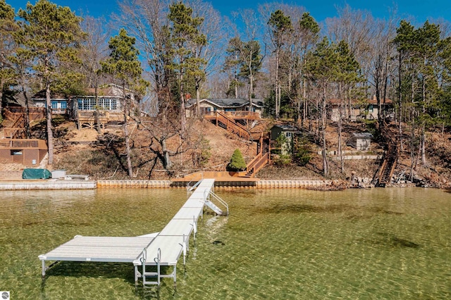 view of dock with stairs and a water view