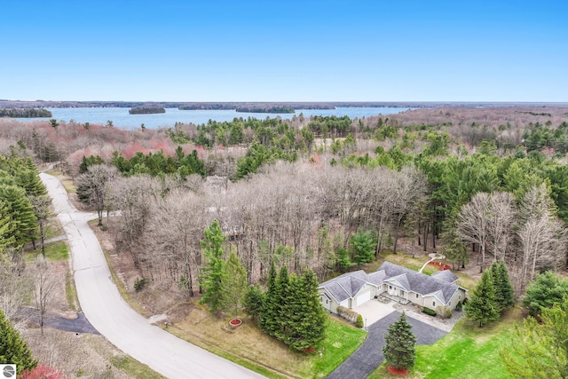 aerial view featuring a water view and a view of trees