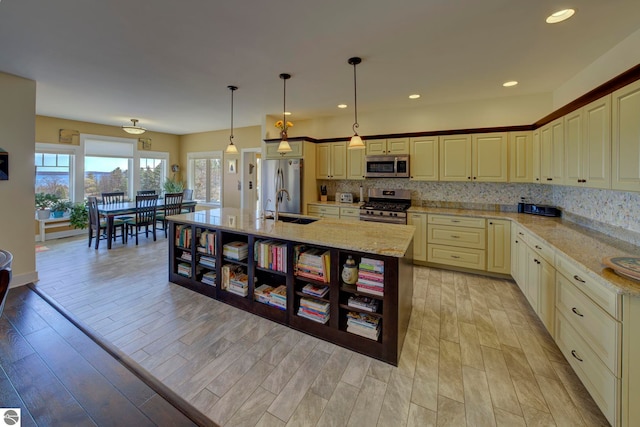 kitchen featuring a healthy amount of sunlight, stainless steel appliances, light wood finished floors, and a sink