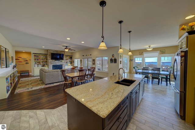kitchen featuring plenty of natural light, a stone fireplace, stainless steel appliances, and a sink
