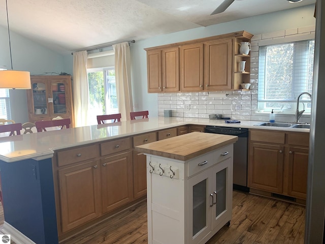 2708 Ruby St, Traverse City, MI 49684 - kitchen featuring dishwasher, a sink, wood counters, a peninsula, and dark wood-style floors