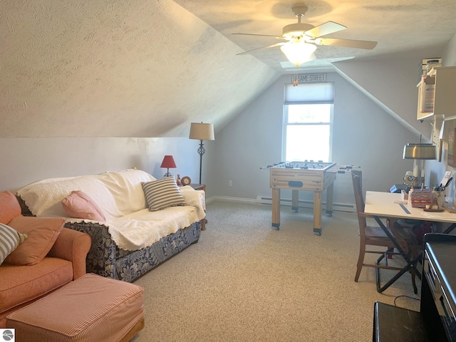 2708 Ruby St, Traverse City, MI 49684 - office area with light colored carpet, a textured ceiling, a ceiling fan, vaulted ceiling, and baseboards