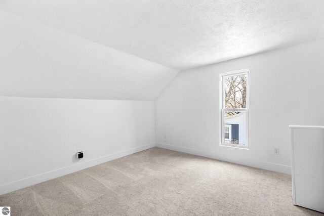 419 S Cherry St, Kalkaska, MI 49646 - additional living space with vaulted ceiling, a textured ceiling, carpet floors, and baseboards