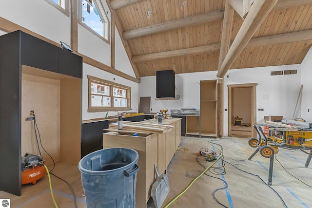 2609 Big Sky Rd, Kingsley, MI 49649 - kitchen featuring dark cabinetry, wood ceiling, high vaulted ceiling, and beam ceiling