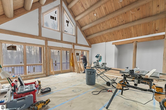 2609 Big Sky Rd, Kingsley, MI 49649 - interior space featuring wooden ceiling, high vaulted ceiling, french doors, and beam ceiling