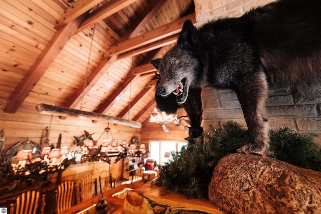 details with wood ceiling, wooden walls, and beam ceiling