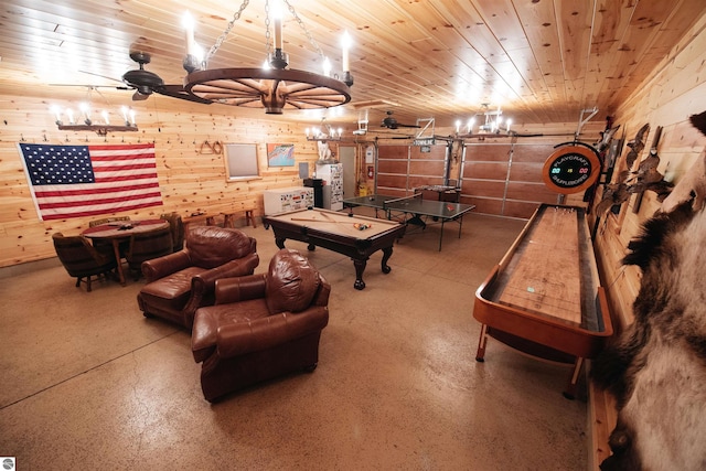 recreation room with wooden walls, pool table, a chandelier, and wooden ceiling