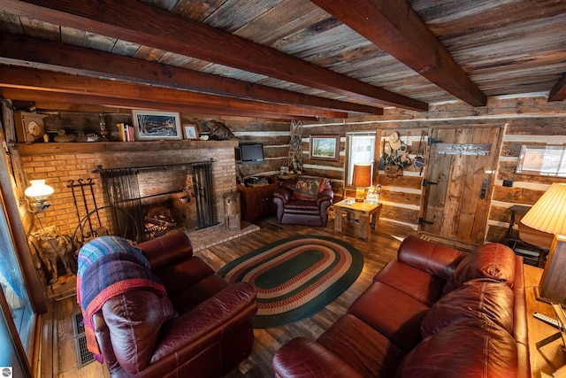 living area with beam ceiling, wood ceiling, wooden walls, a fireplace, and wood-type flooring