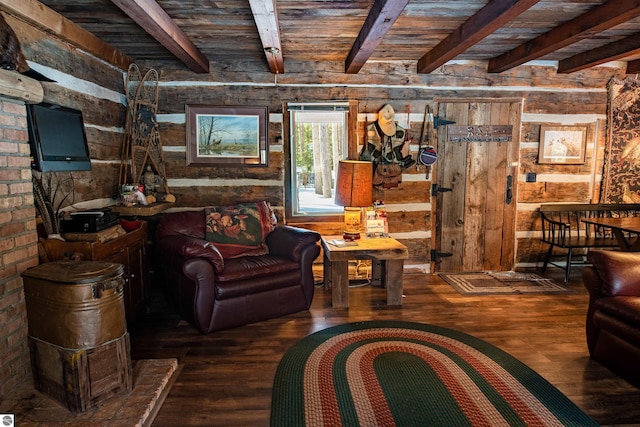 living room featuring hardwood / wood-style flooring, wooden ceiling, beamed ceiling, and wooden walls