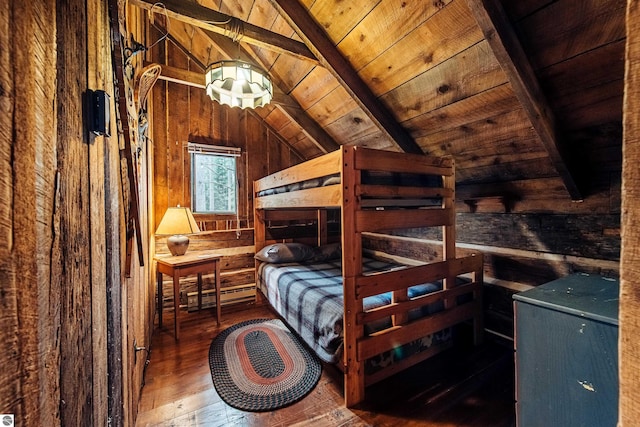 bedroom featuring wood ceiling, vaulted ceiling with beams, wooden walls, and hardwood / wood-style flooring