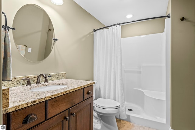 4584 Kodiak Dr, Traverse City, MI 49685 - bathroom with tile patterned flooring, toilet, a shower with curtain, and vanity