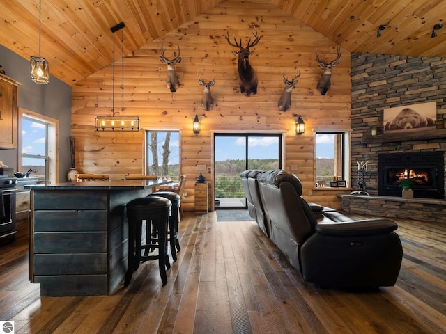 5242 W Big Sky Trl, Cadillac, MI 49601 - living area with high vaulted ceiling, wooden ceiling, dark wood-style floors, and a stone fireplace