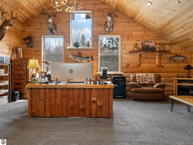 5242 W Big Sky Trl, Cadillac, MI 49601 - office with lofted ceiling, carpet flooring, a chandelier, wood ceiling, and wood walls