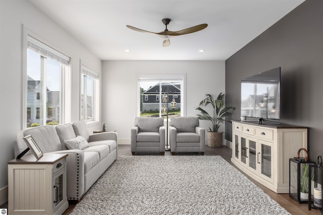 203 Vineyard Ridge Dr Unit 38, Traverse City, MI 49686 - living area with wood finished floors, a ceiling fan, baseboards, and recessed lighting