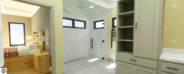 full bath with ensuite bath, walk in shower, and tile patterned flooring