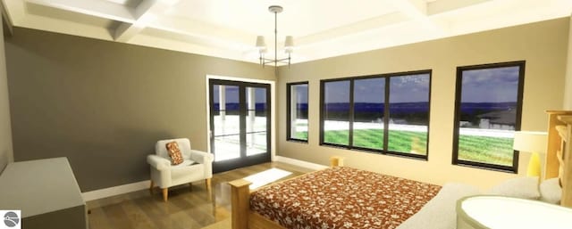 bedroom featuring coffered ceiling, wood finished floors, beam ceiling, baseboards, and a chandelier