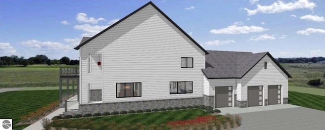view of side of property with a yard, a garage, and stone siding